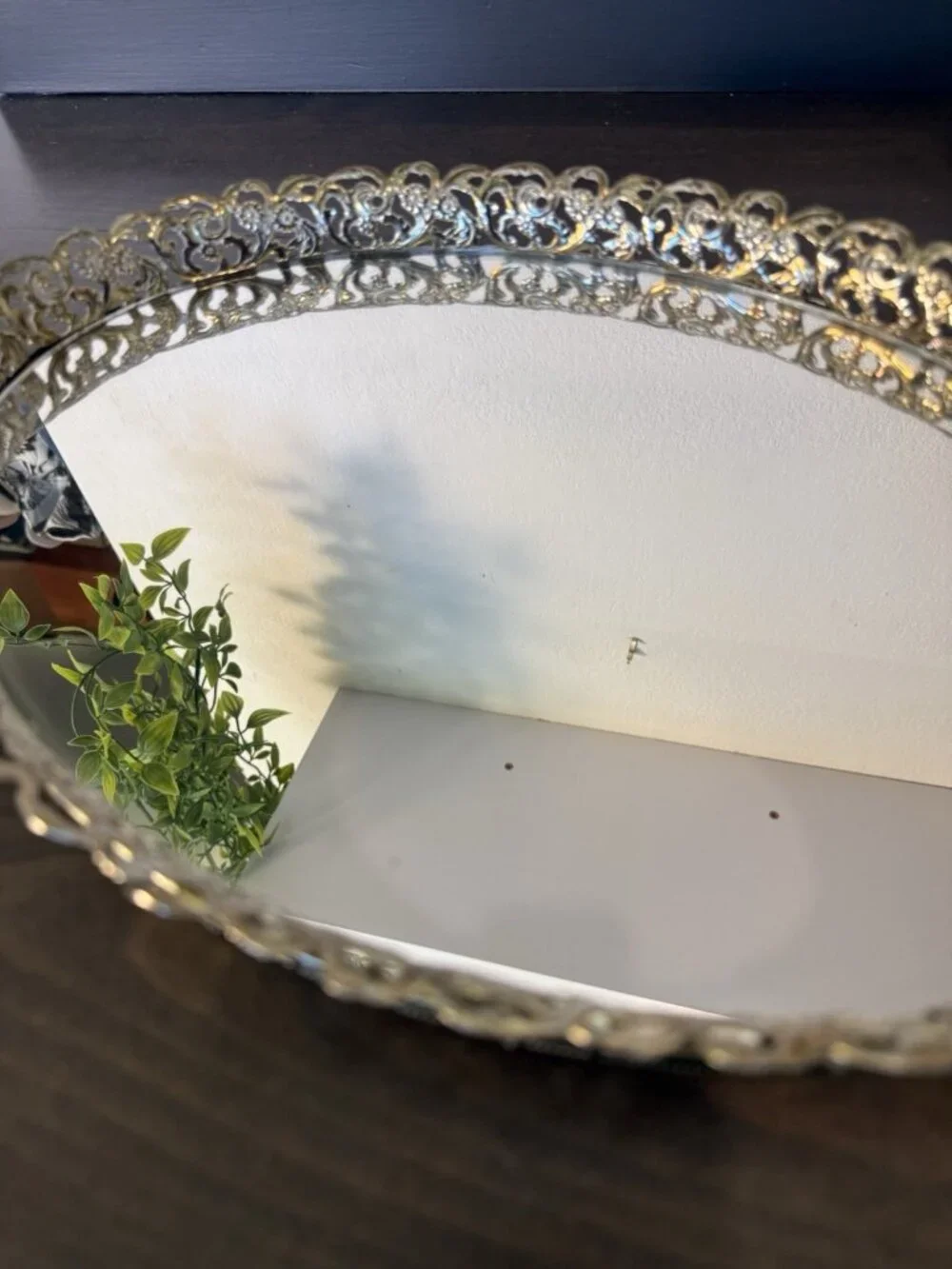 Vintage Oval Gold-tone Filigree Mirrored Vanity Tray Rose Boarder